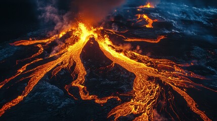 volcanic eruption with lava spreading in glowing paths across the land