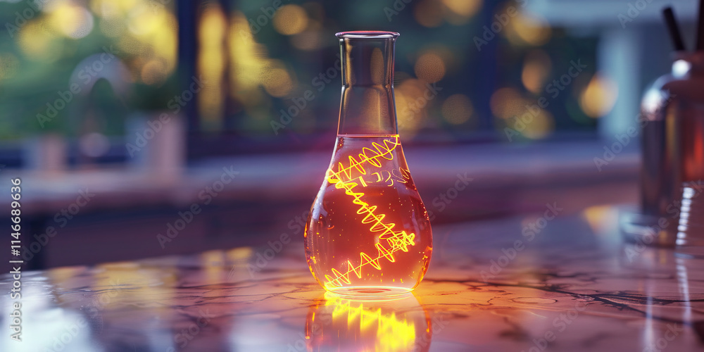 Poster erlenmeyer flask with amber liquid and glowing helical structure
