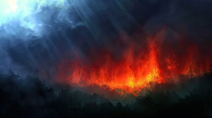 A dramatic depiction of a forest fire, showcasing flames against a dark, moody sky.