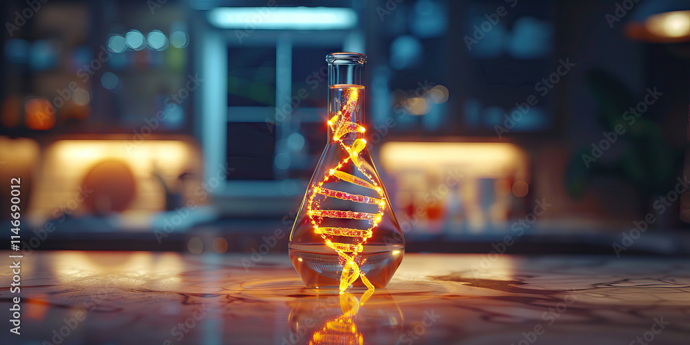Poster illuminated dna helix in erlenmeyer flask on marble surface