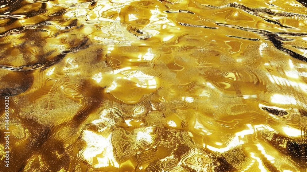 Aufkleber a shimmering surface resembling liquid gold, reflecting light and creating a dynamic texture.