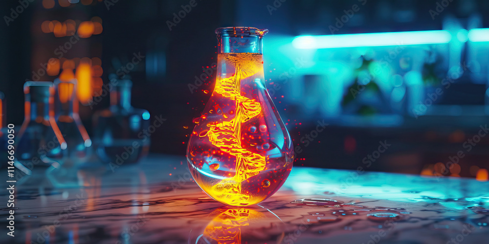 Aufkleber erlenmeyer flask with glowing double helix in laboratory setting