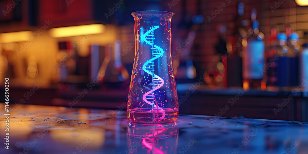 Poster erlenmeyer flask with illuminated dna structure