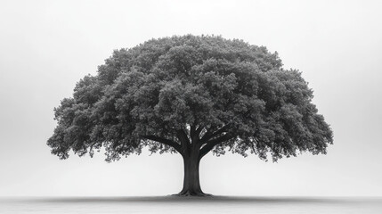 Solitary, majestic tree in monochrome, mist-shrouded field.
