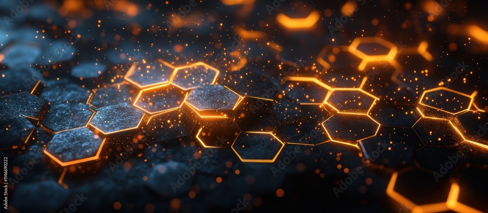 Poster glowing hexagonal pattern on dark background.