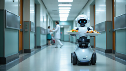 A friendly robot delivers meals in a hospital corridor, showcasing innovation in healthcare service.