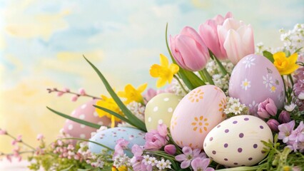 Pastel Easter Eggs Nestled Among Delicate Spring Blossoms, Celebrating the Arrival of New Life and Vibrant Colors
