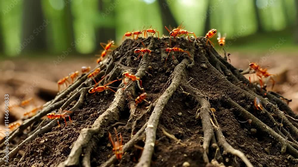 Aufkleber ants diligently working around tree roots in a lush forest environment during daytime