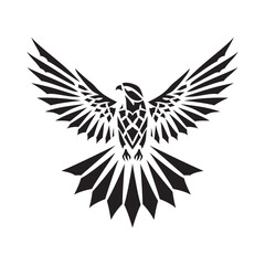 Obraz premium Geometric falcon, bird silhouette, spread wings, abstract black, tribal tattoo style, vector illustration.