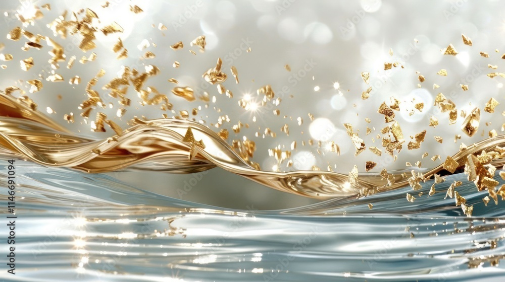 Poster a shimmering blend of gold and water, creating a luxurious and elegant visual effect.