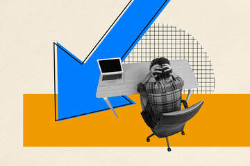 Exclusive art banner collage of sad businessman sit workplace arrow recession collapse crisis broke...