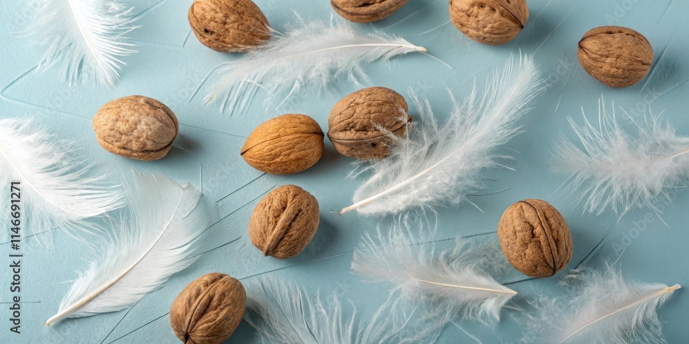 Poster A close-up image of a blue surface covered with multiple whole walnuts and white feathers, creating a visually appealing contrast in colors and textures.