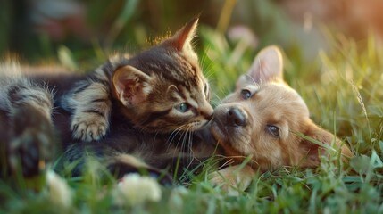 Adorable Kitten and Puppy Playing in the Grass