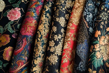 Rolled fabric bolts, dark backgrounds, gold floral patterns.