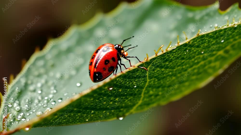 Aufkleber tiny ladybug rests on a green leaf glistening with droplets after the rain in a lush garden setting