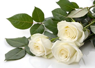 Set of beautiful white roses with lush green leaves