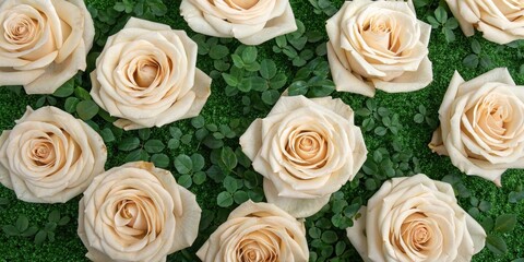 Obraz premium A close-up view of a floral arrangement featuring delicate, creamy white roses nestled amongst lush green foliage.
