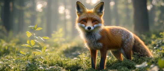 Red fox standing in a sunlit forest.