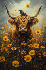Schottish highland cow with flowers and depth of field artwork 