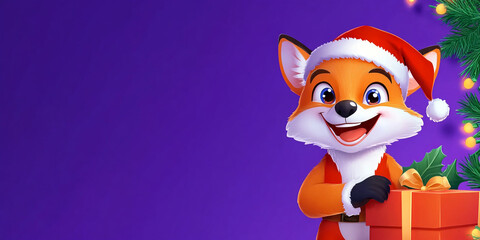 Detailed Illustration of a Cheerful Fox Wearing a Santa Hat