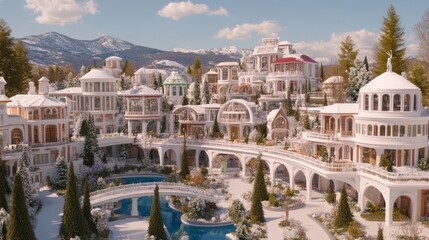 Fototapeta premium Winter Wonderland Village Architectural Marvel in Snow