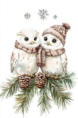Fototapeta premium Owl on tree. Winter theme background template for greeting card design.