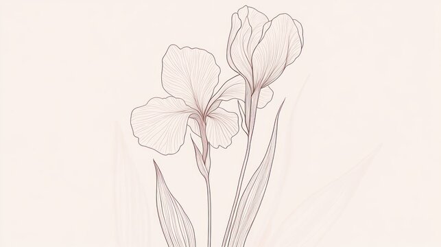 Delicate line art drawing of two iris flowers.