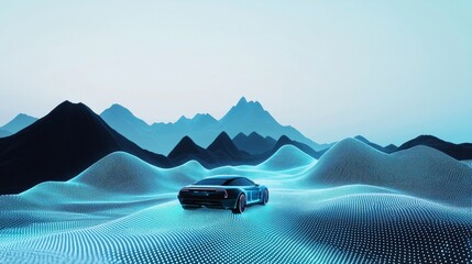 3D rendering of a car driving on an electric road, with a light blue gradient background and black mountain shapes in perspective
