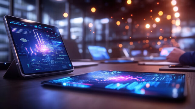 High tech boardroom with digital displays and data analysis