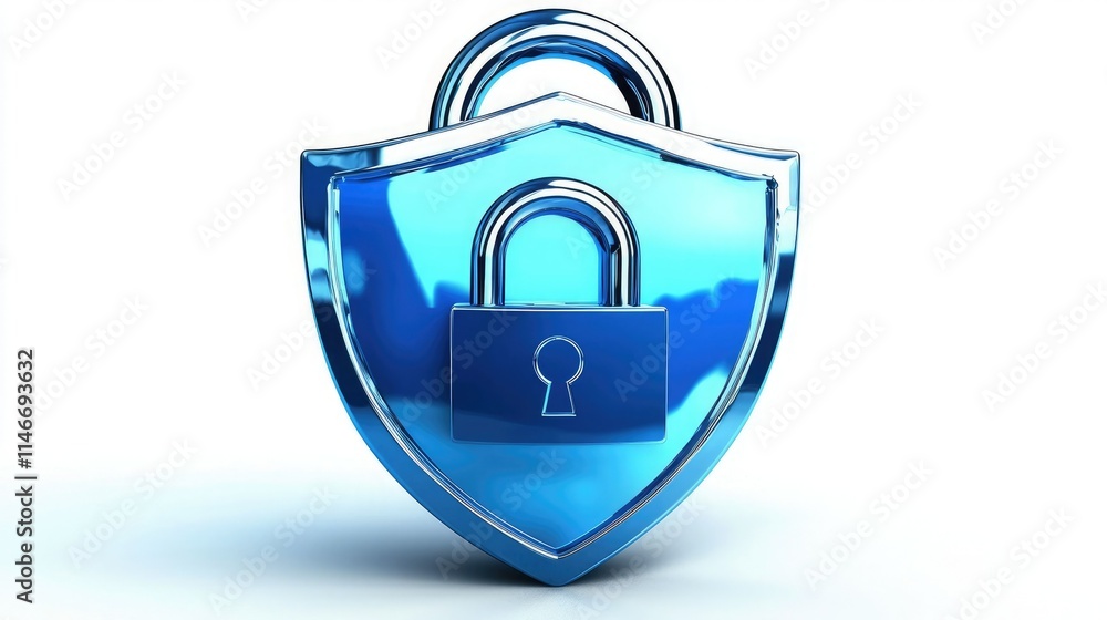 Poster simple shield and padlock design in blue, symbolizing cybersecurity