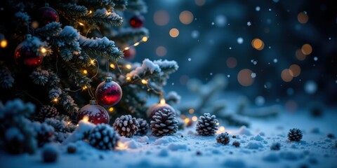 Fototapeta premium Winter wonderland christmas tree scene snowy night