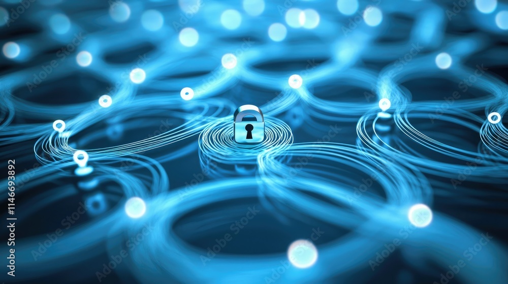 Poster Illustration of data streams and a central lock icon, indicating secure concept 