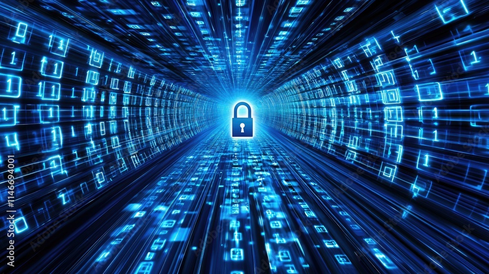 Poster Illustration of data streams and a central lock icon, indicating secure concept 