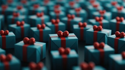 Fototapeta premium Many teal gift boxes with red ribbons.