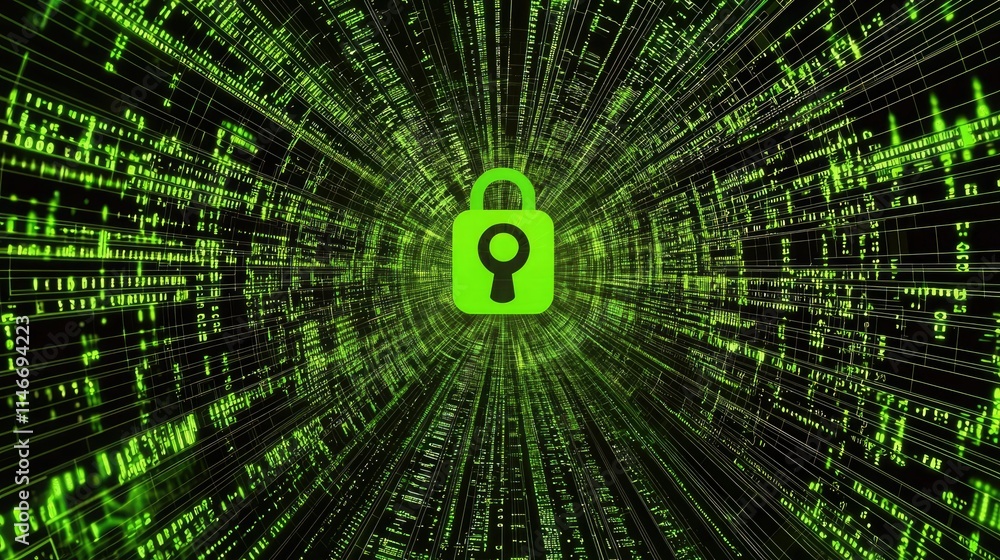Aufkleber illustration of data streams and a central lock icon, indicating secure concept