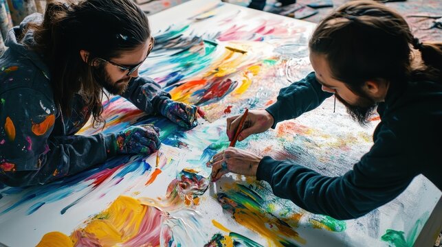 Creative Artists Painting Together in Vibrant Studio