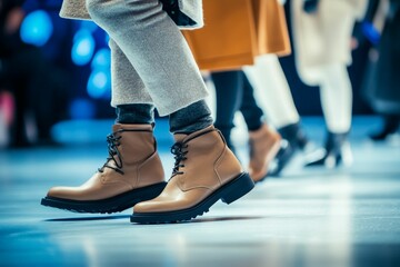 Tan leather boots, runway, fashion show.