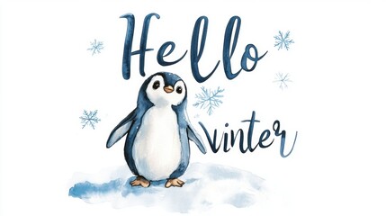 Naklejka premium Cute penguin in snow field. Winter theme background template for greeting card design.
