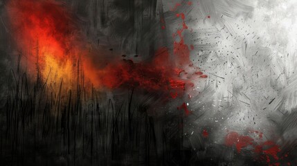 Abstract artwork depicting contrasting elements of fire and darkness with splashes of red.