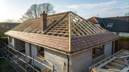 Fototapeta premium A newly constructed house with a timber frame roof and red tile roof during the construction phase.