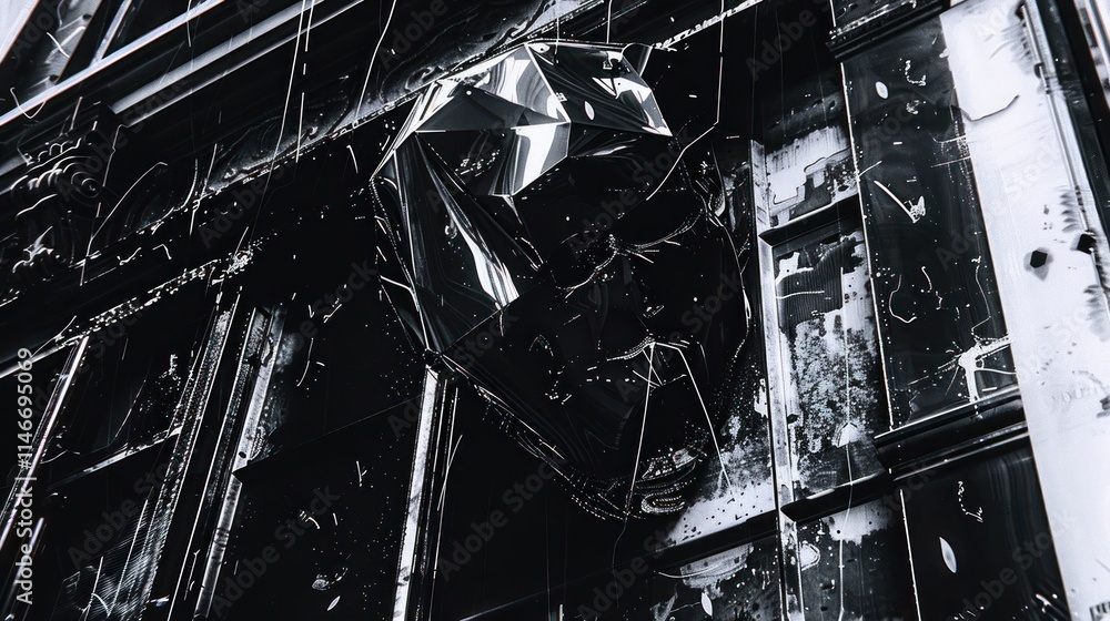 Poster abstract black and white artwork featuring a distorted number on a textured surface.