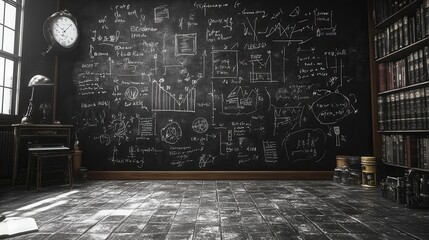 A chalkboard filled with scientific diagrams, graphs, and notes in a study or classroom setting.