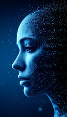 Futuristic blue dotted female profile against dark background