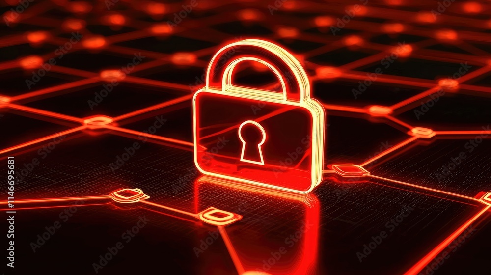 Poster Glowing lock icon on a network grid with data streams in the background 