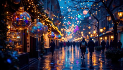 Naklejka premium Festive night walk city street holiday lights