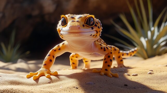 A realistic photo of a leopard gecko crawling on sandy terrain, its spotted patterns beautifully detailed through a macro camera.