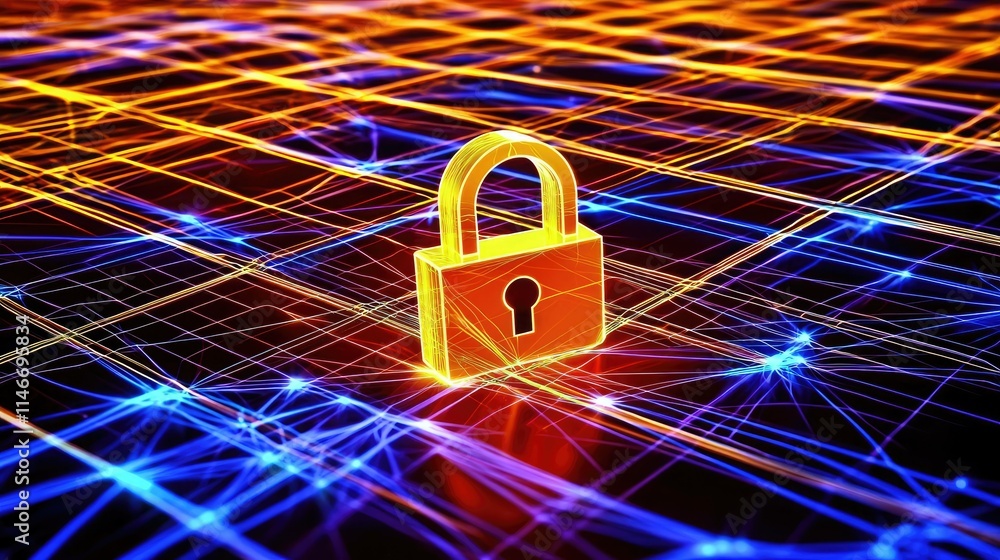 Aufkleber Glowing lock icon on a network grid with data streams in the background 