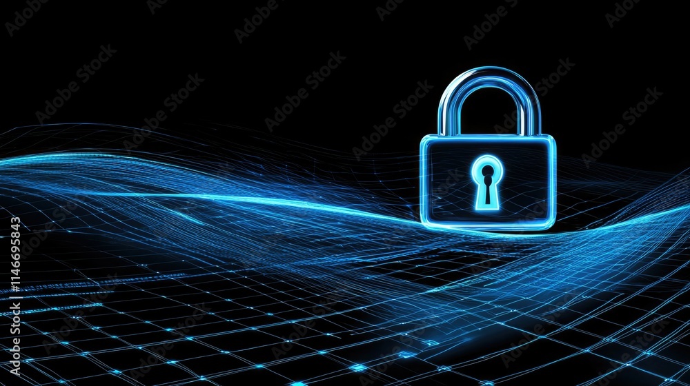 Aufkleber Glowing lock icon on a network grid with data streams in the background 
