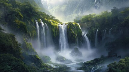 Naklejka premium serene waterfall in lush green valley