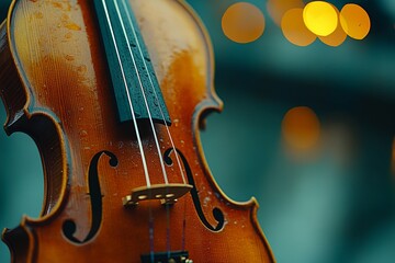 A close-up of a violin with raindrops, set against a blurred background of lights.